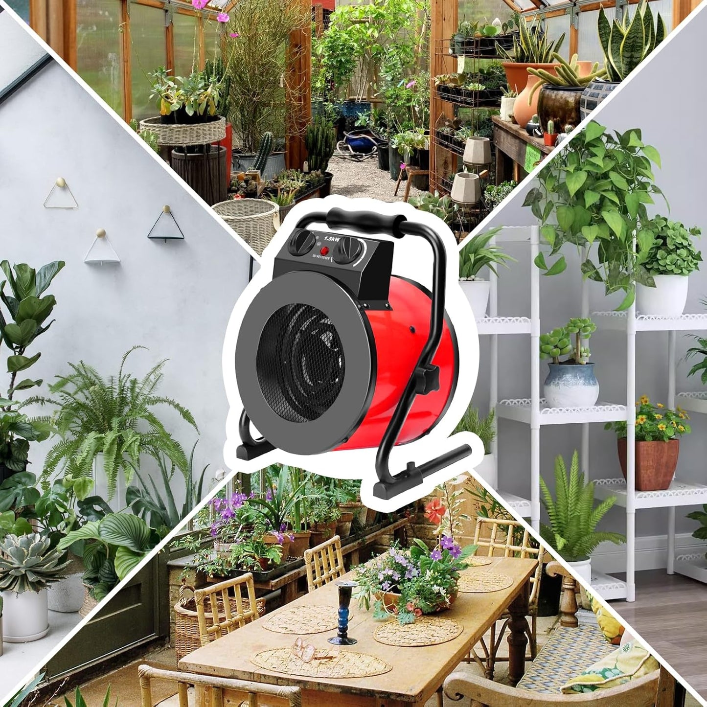 Greenhouse Heater, 1500W Portable Electric Space Heater with Digital Thermostat, 90° Adjustable Angle, Overheat Protection and Fast Heating, Outdoor Heaters for Patio, Garage, Grow Tents (Red)