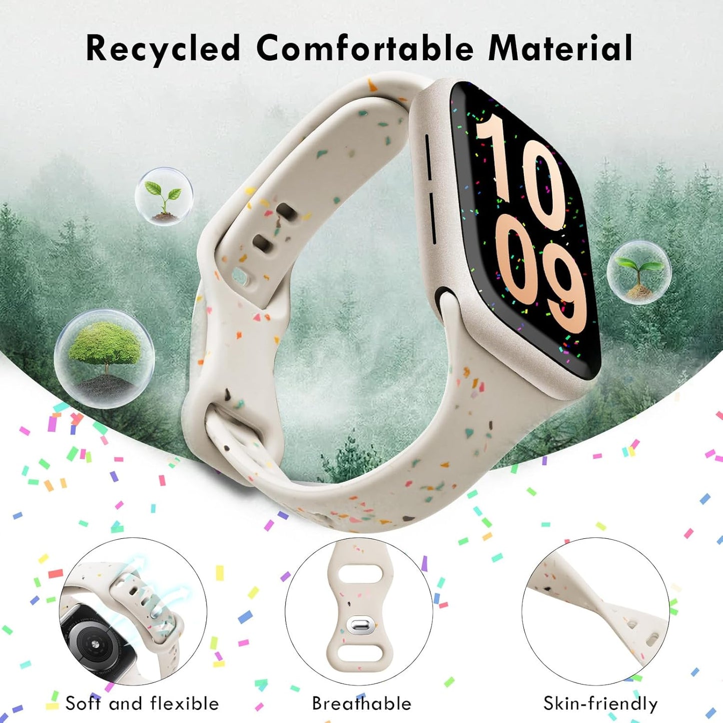 Sport Band Compatible with Apple Watch Band 44Mm 45Mm 42Mm 46Mm for Women Girls, Silicone Slim Wristband for Apple Watch Bands, Breathable Recycled Strap for Iwatch Bands Series 10 9 8 7 6 SE 5 Ultra 4 3 2 1 - Starlight