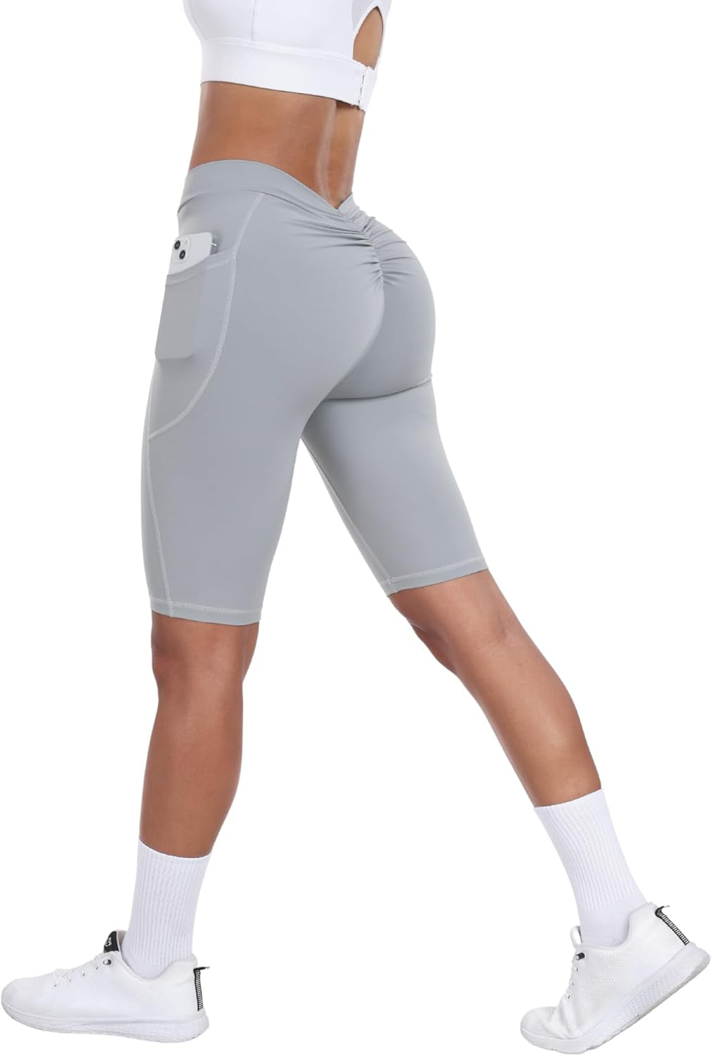 V Back Biker Shorts with Pockets Scrunch Butt Lifting Shorts for Women Athletic Gym Yoga Booty Shorts