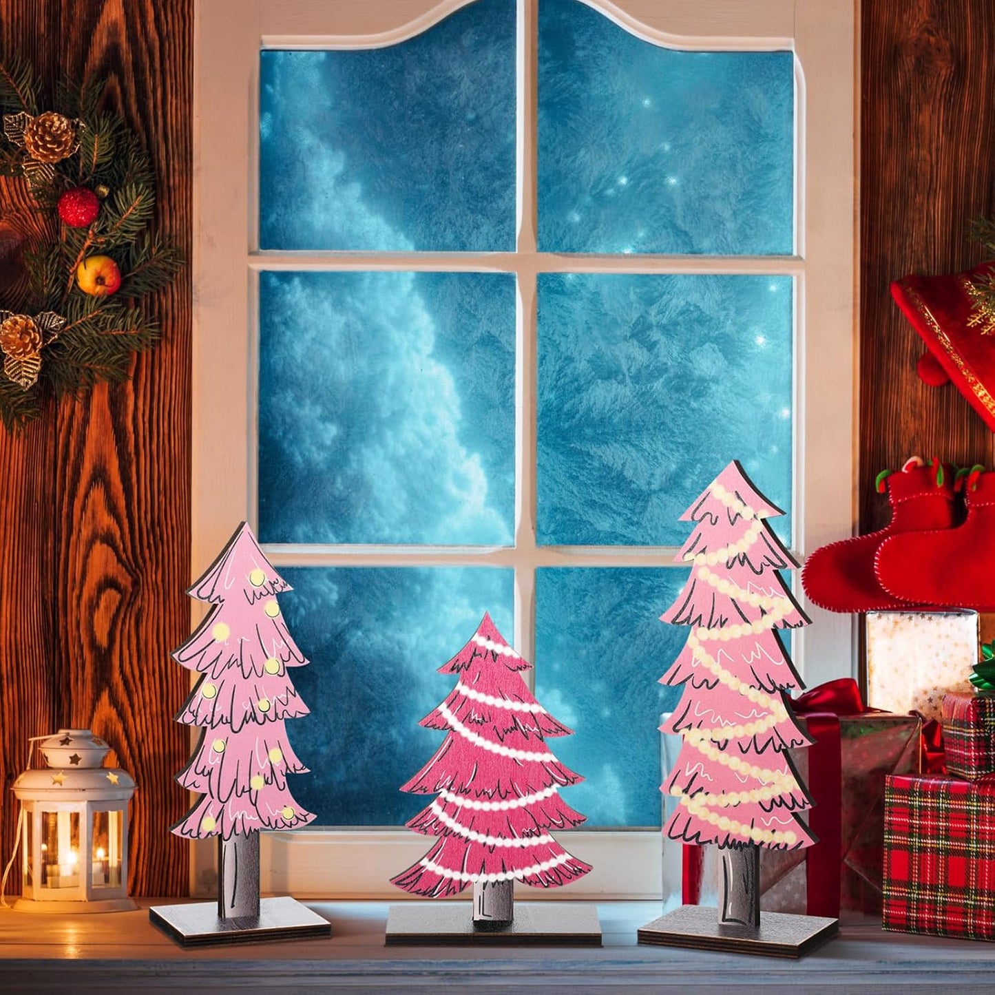 3 Pcs Rustic Christmas Decor Tabletop Christmas Tree Decorations Farmhouse Wood Trees Wooden Tree Centerpieces for Tables Rustic Xmas Decor with Rectangular Base for Home(Pink)