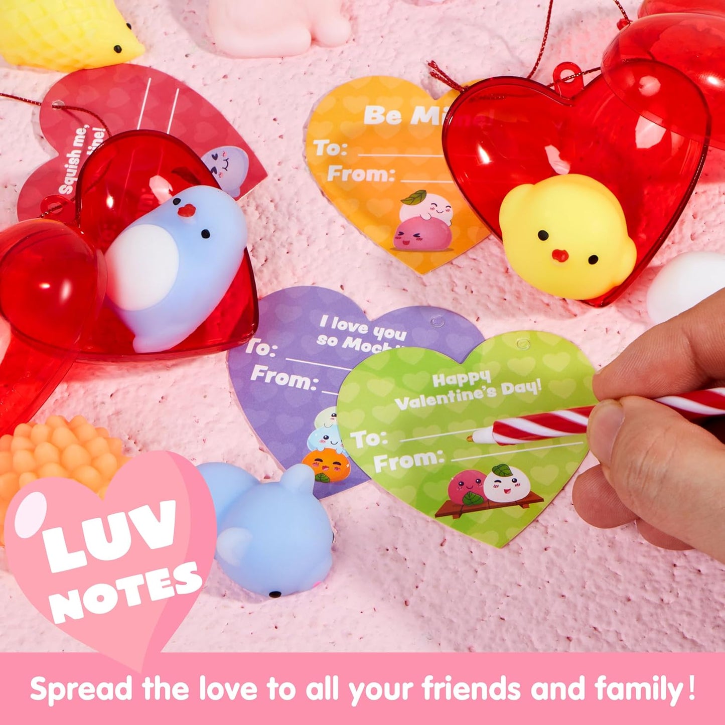28 Mochi Squishy Toys Filled Hearts and Valentine Cards for Kids Valentine Classroom Exchange Party Favors, Kawaii Stress Relief Toys for Valentine Gift Exchange, Game Prizes and Carnivals Gift