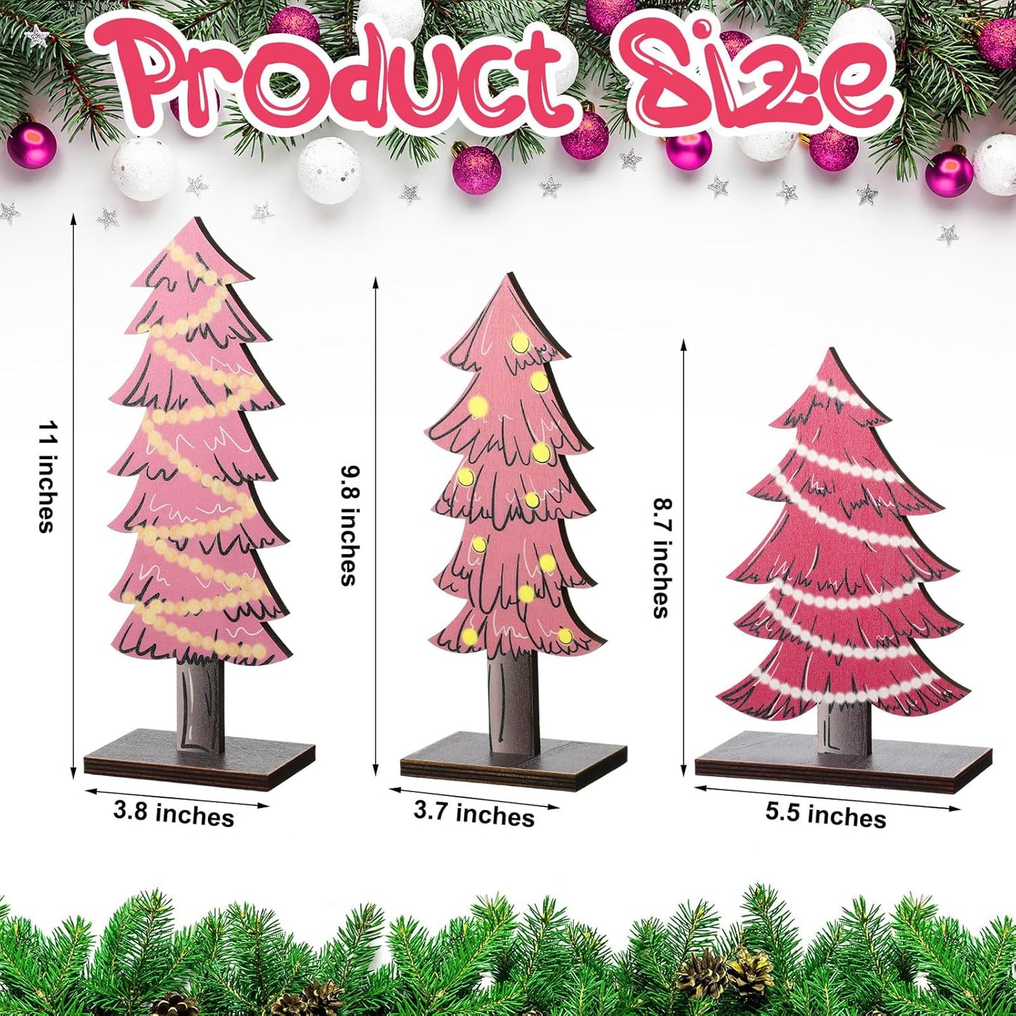 3 Pcs Rustic Christmas Decor Tabletop Christmas Tree Decorations Farmhouse Wood Trees Wooden Tree Centerpieces for Tables Rustic Xmas Decor with Rectangular Base for Home(Pink)