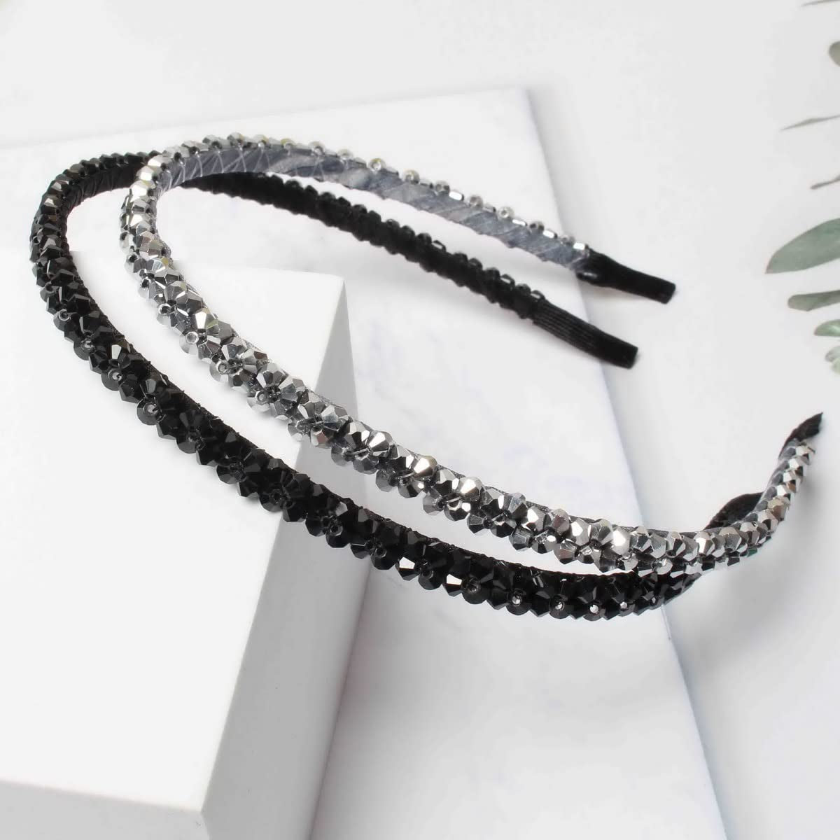4 PK Crystal Rhinestone Headbands for Women Girls Double Rows Sparkly Beaded Hair Hoops Clear Black Weave Narrow Hair Bands Hair Accessories (Color A)