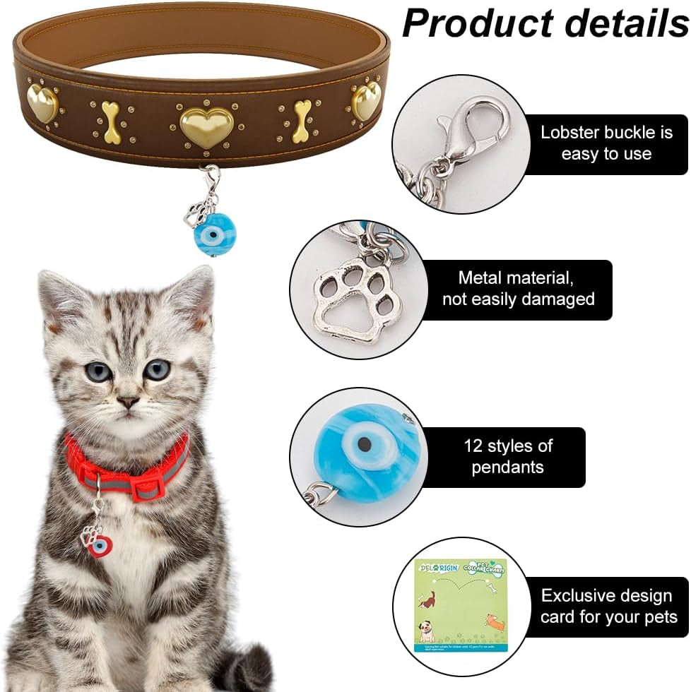 12Pcs Evil Eye Pet Collar Pendants for Cat Dog Heart Bead Jewelry Charms Lucky Dog Paw Pet Collar Pendants Clip-On Charms for Bag Decor Keychain Pet Necklace Training Home Decoration