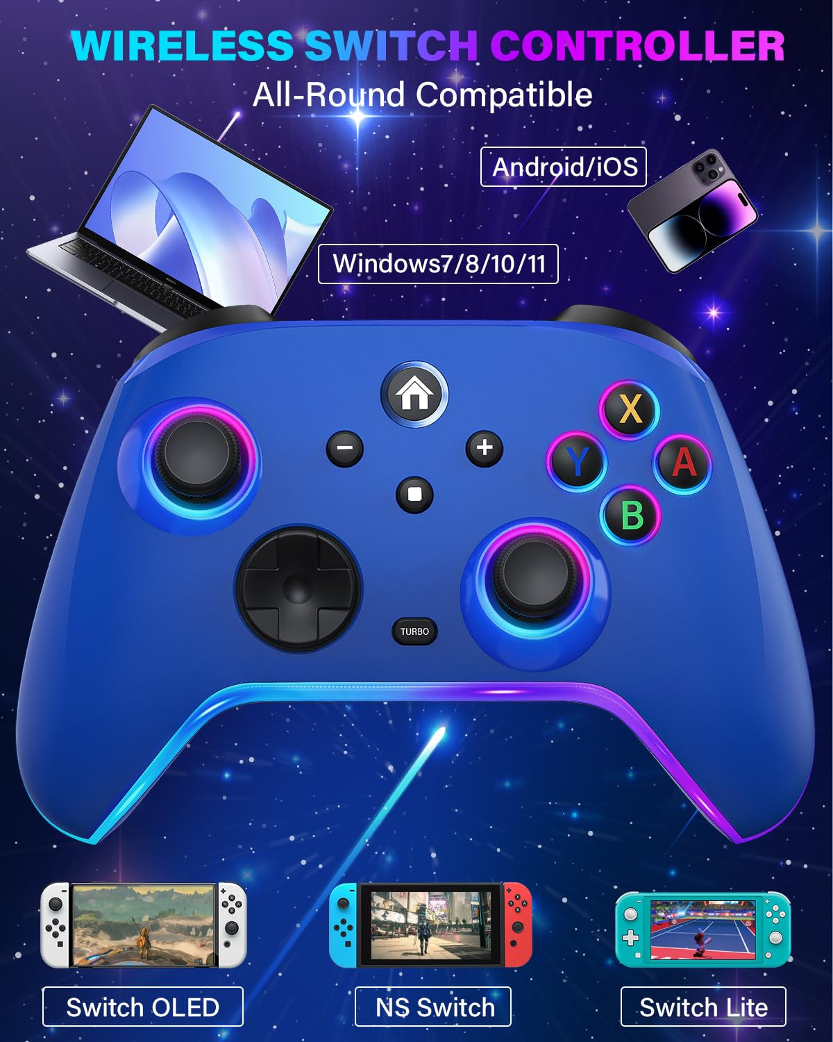 Wireless Switch Controllers for Nitendo Switch/Oled/Lite, 1200Mah Switch Pro Controller with 10 Color Light Modes, Rechargeable Switch Turbo Control with Turbo, Vibration, 6-Axis Gyro, Wake Up