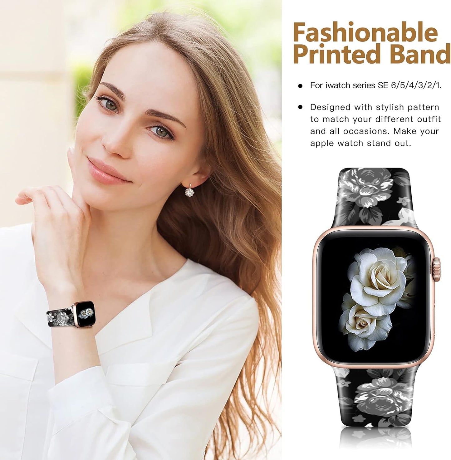 Bands Compatible with Apple Watch Band 38Mm 40Mm 41Mm 42Mm 44Mm 45Mm for Women Men Silicone Floral Pattern Printed Band Strap for Iwatch Band SE Series 7 6 5 4 3 2 1 Wristband