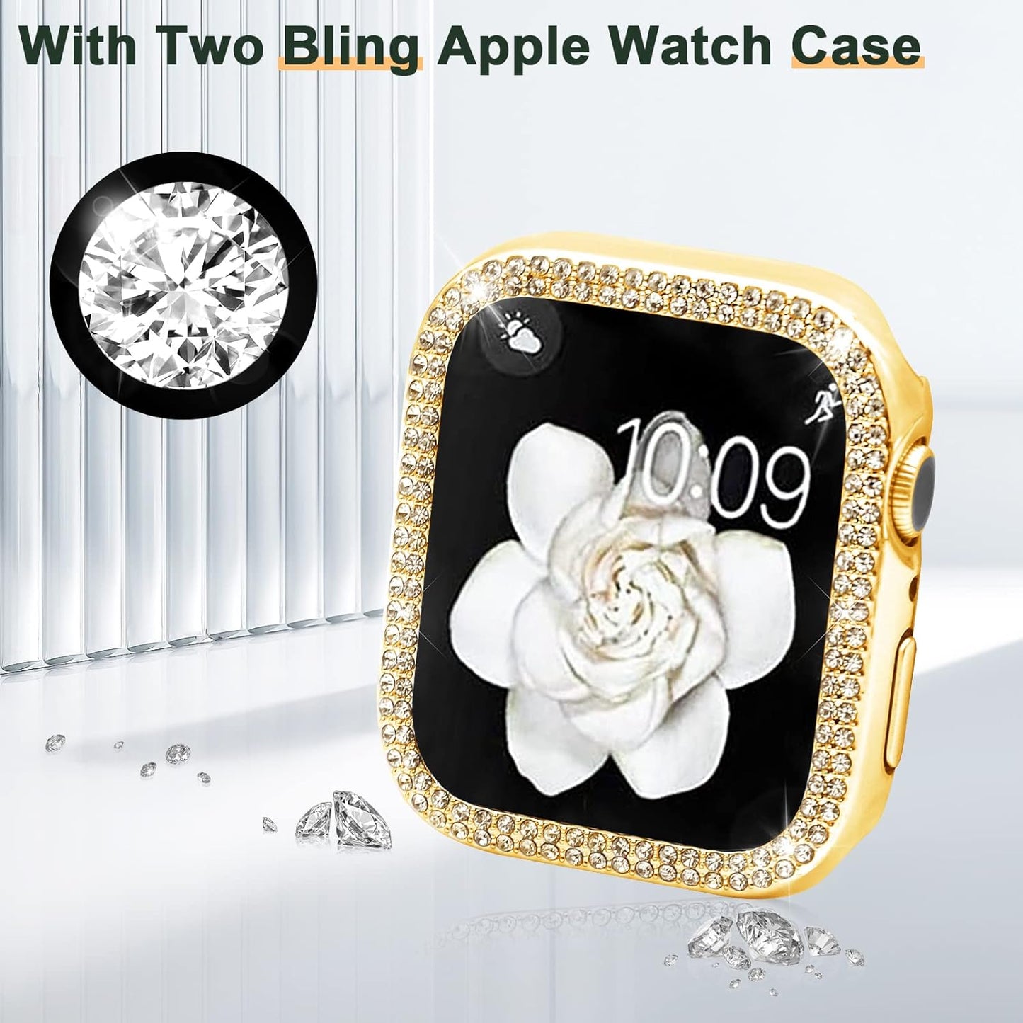 Compatible with Apple Watch Band 38Mm 40Mm 41Mm 42Mm 44Mm 45Mm 49Mm with 2 Pack Case Women, Jewelry Replacement Metal Wristband Strap with Bling PC Protective Case for Iwatch Ultra SE Series 9/8/7/6/5/4/3/2/1