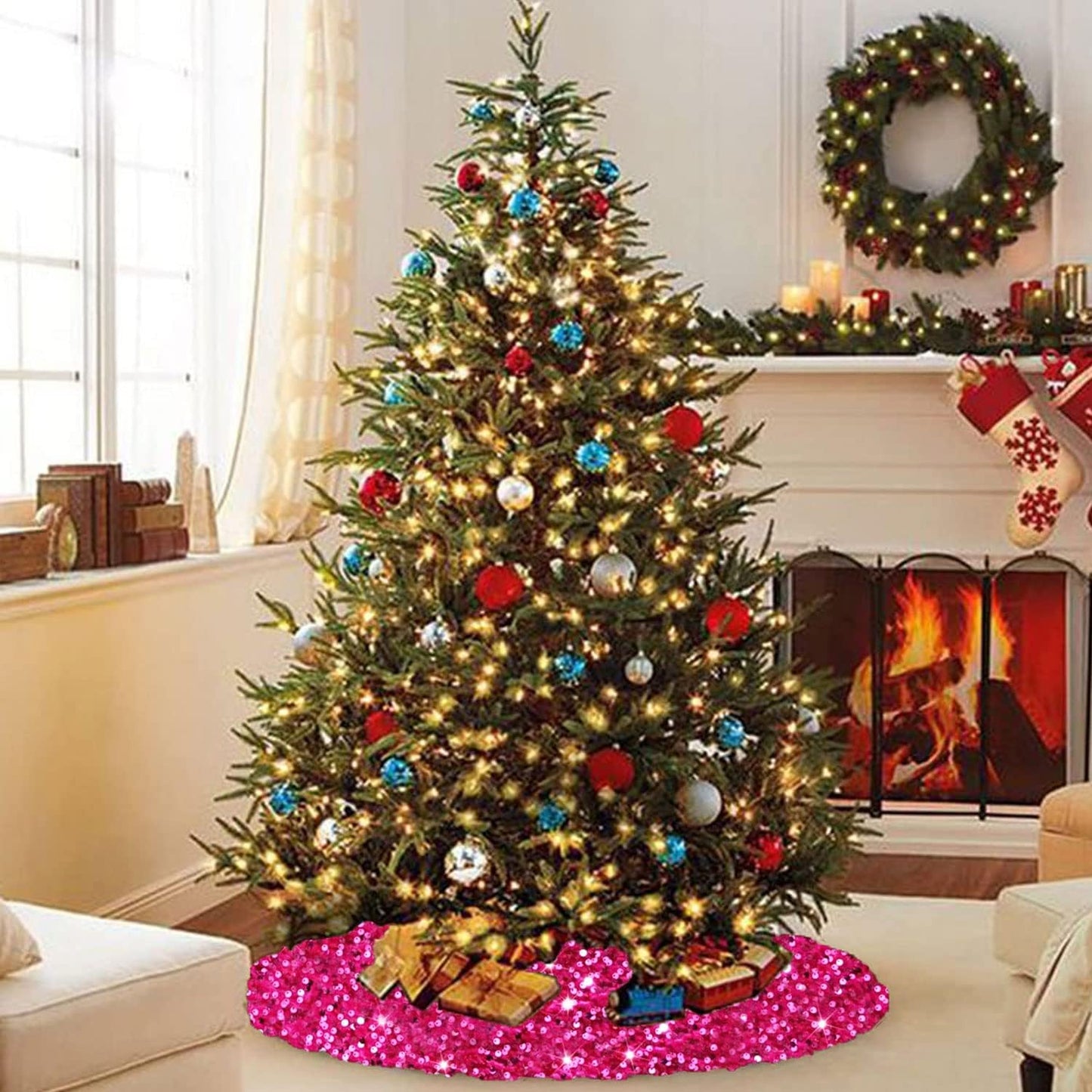Hot Pink Christmas Tree Skirt 46 Inch Sparkle Sequin Christmas Tree Skirt Fuchsia Xmas Tree Skirt for Thanksgiving Holiday with Embroidered Tree Cover Mat Shiny Tree Carpet Classic Tree Floor Mat