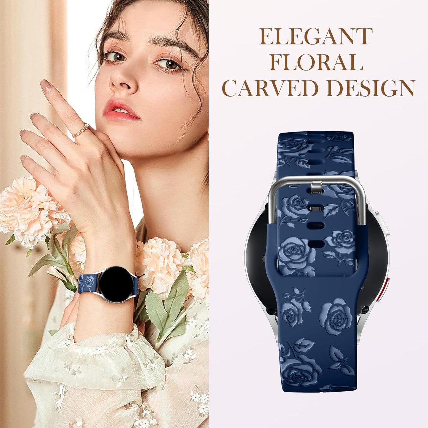 Sport Silicone Band for Samsung Watch 6 Bands 44Mm 40Mm, Galaxy Watch 4 5 Band/Galaxy Watch 5 Pro/Galaxy Watch 4 6 Classic Band, 20Mm Glossy Floral Engraved Band for Galaxy Watch 7, Deep Blue