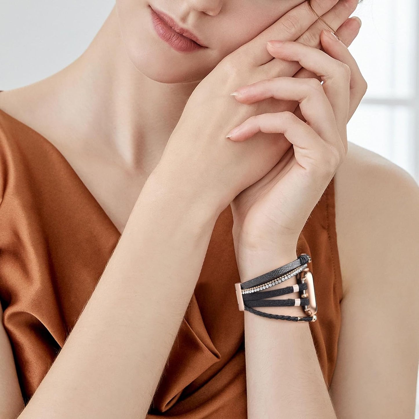 Boho Leather Bracelet Compatible with Apple Watch Band 38Mm 40Mm 41Mm Women, Adjustable Iphone Watch Bands Fancy Jewelry Multilayer Strap Wrap for Iwatch Bands Series 9 8 7 6 5 4 3 2 1 SE