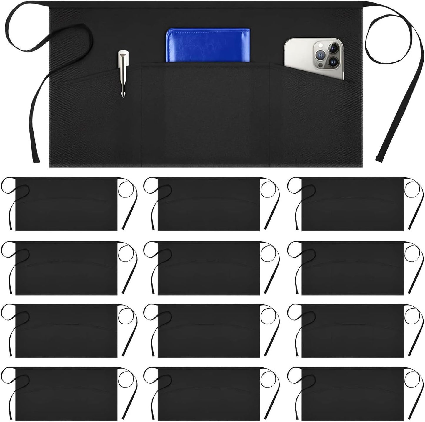 3 Pack Server Aprons with 3 Pockets, Waterdrop Resistant Waitress Waiter Waist Apron, 11.5-Inch Black