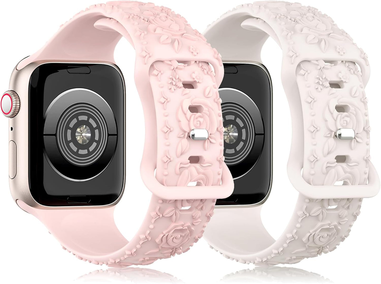2 Pack Floral Silicone Band for Apple Watch Bands 46Mm 45Mm 44Mm 42Mm(S3) Iwatch Bands Series 10 9 8 7 SE 6 5 4 3 for Women, Cute Fancy Dressy Engraved Strap