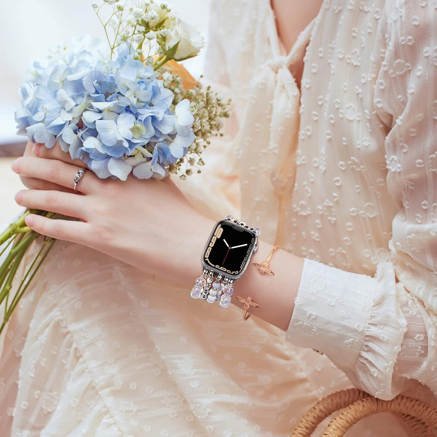 Beaded Bracelet Compatible for Apple Watch Band 40Mm/38Mm/41Mm Series 9 8 7 SE Series 6/5/4 Women Fashion Clear Cute Handmade Stretchy Watch Strap for Iwatch Bands Series 3/2/1 Replacement