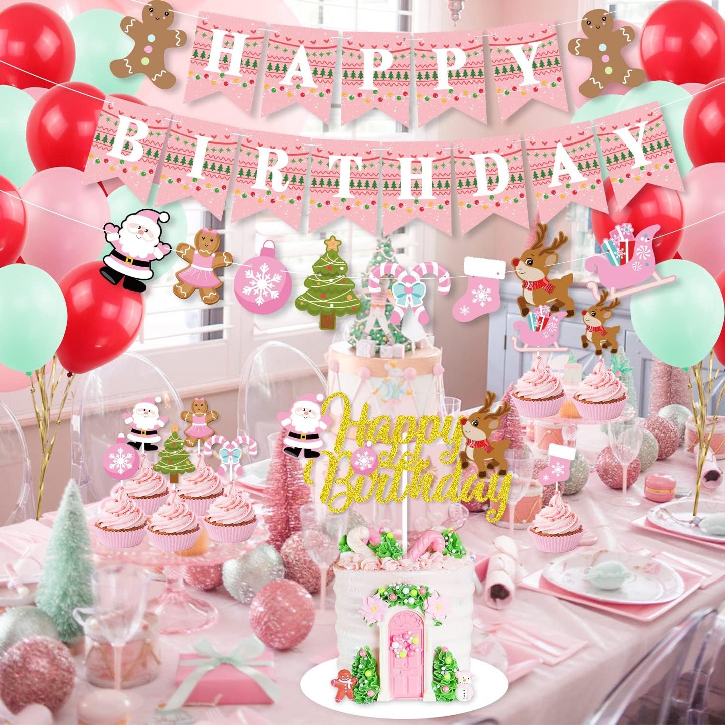 Pink Christmas Birthday Decorations,Gingerbread Man Theme Happy Birthday Banner Santa Claus Cake Topper Latex Balloons for Christmas Birthday Party Supplies