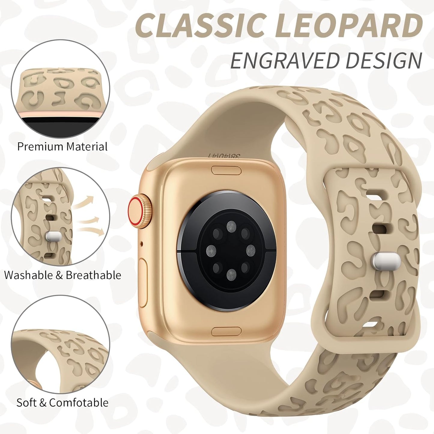 Leopard Engraved Band Compatible with Apple Watch Bands 38Mm 40Mm 41Mm Women Men, Sport Replacement Wristbands for Iwatch Bands Ultra2 Series 9 Ultra 8 7 6 5 4 3 2 1 SE