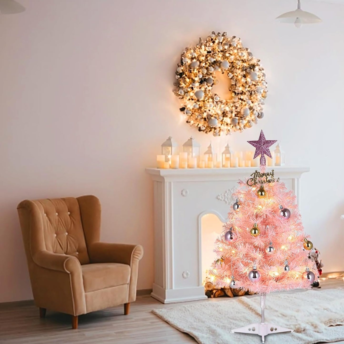 Small Pink Christmas Tree, 2Ft Mini Christmas Tree, Artificial Small Desktop Xmas Tree with Lights and Tree Ornaments, for Christmas Thanksgiving Decorations