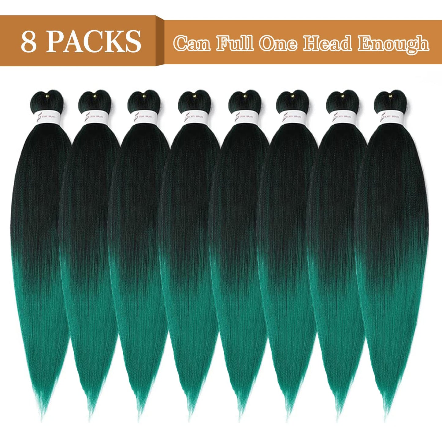 Pre-Stretched Braiding Hair, 24 Inch Braiding Hair 8 Packs Ombre Black to Green Professional Soft Yaki Texture,No Itch, Hot Water Setting Hair Extensions for Braids (24In,1B/Green)