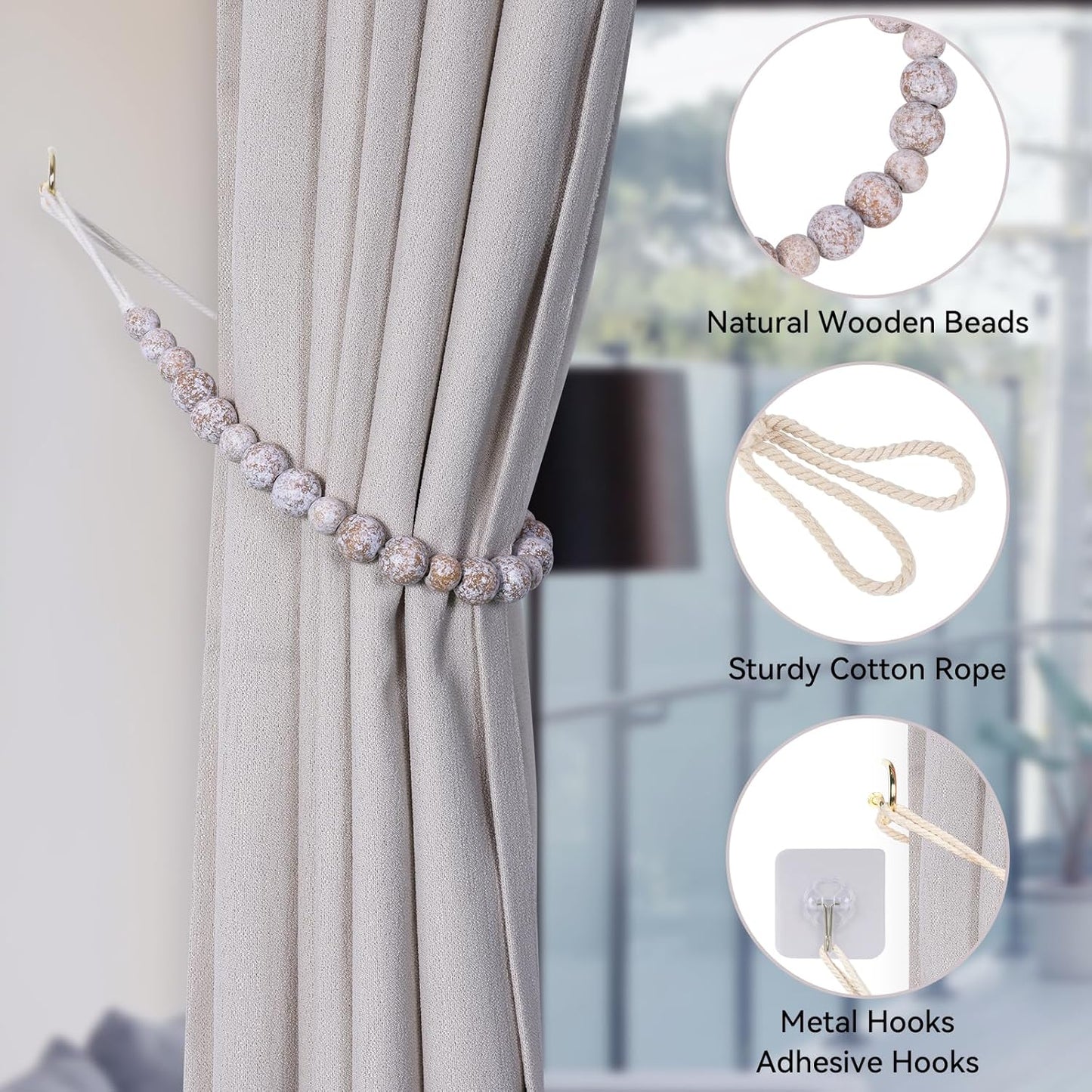 Wood Bead Curtain Tiebacks, Set of 6 Curtain Holdbacks for Thin or Thick Window Draperies, Boho Farmhouse Curtain Tiebacks with Hooks, Curtain Tie Backs for Home Office Room Décor
