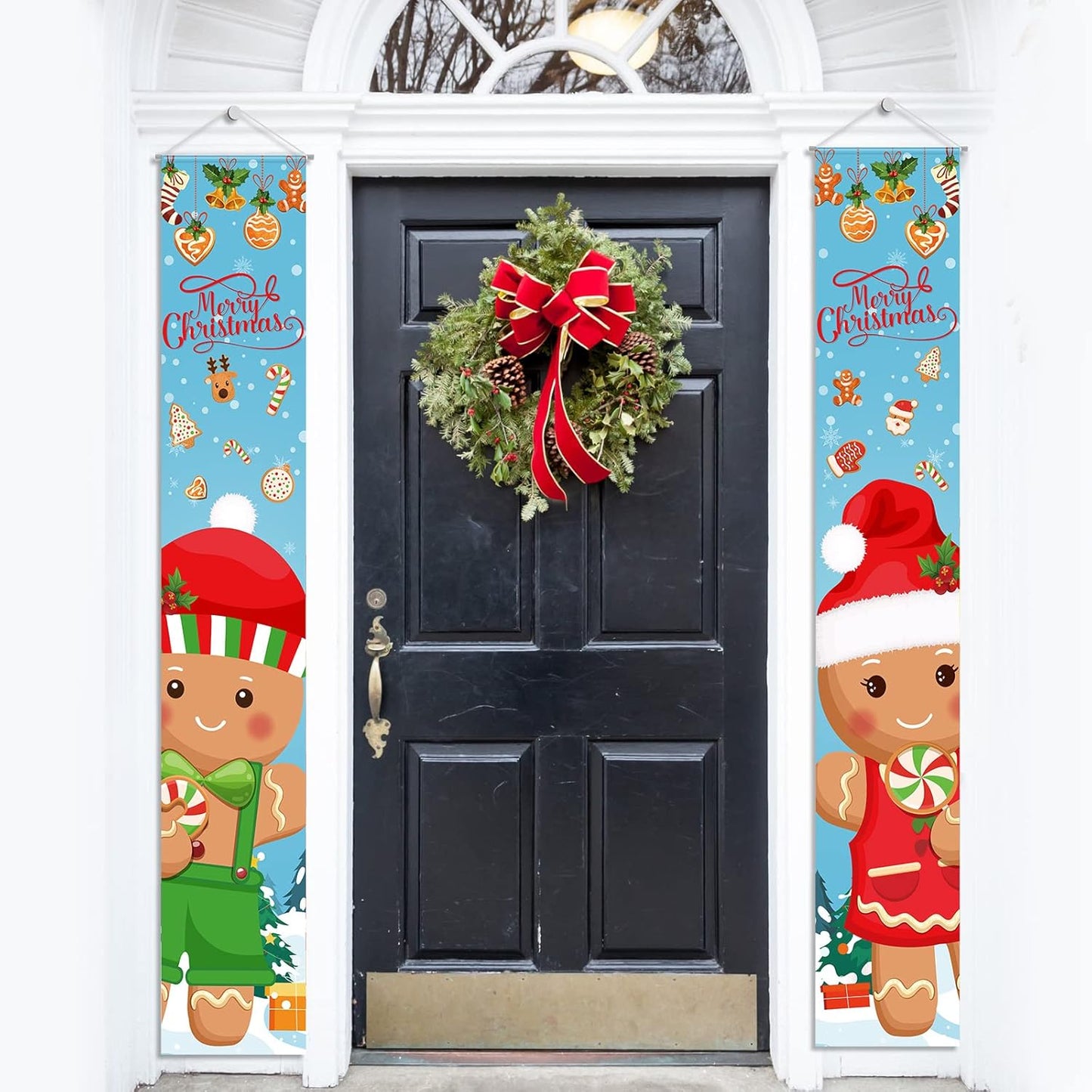 2 Pcs Christmas Porch Sign Gingerbread Door Sign Banner Christmas Hanging Door Banner for outside Indoor Outdoor Home Front Porch Holiday Xmas Decorations Gingerbread Party Supplies