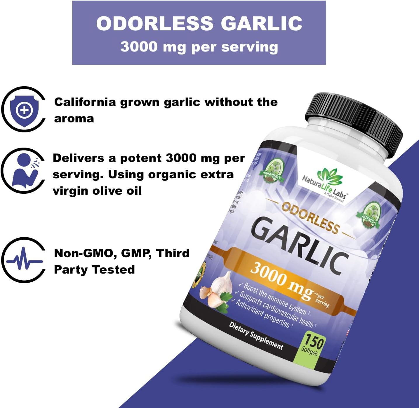 Odorless Garlic 3000 Mg per Serving Immune System Support - 150 Soft Gels TLBH