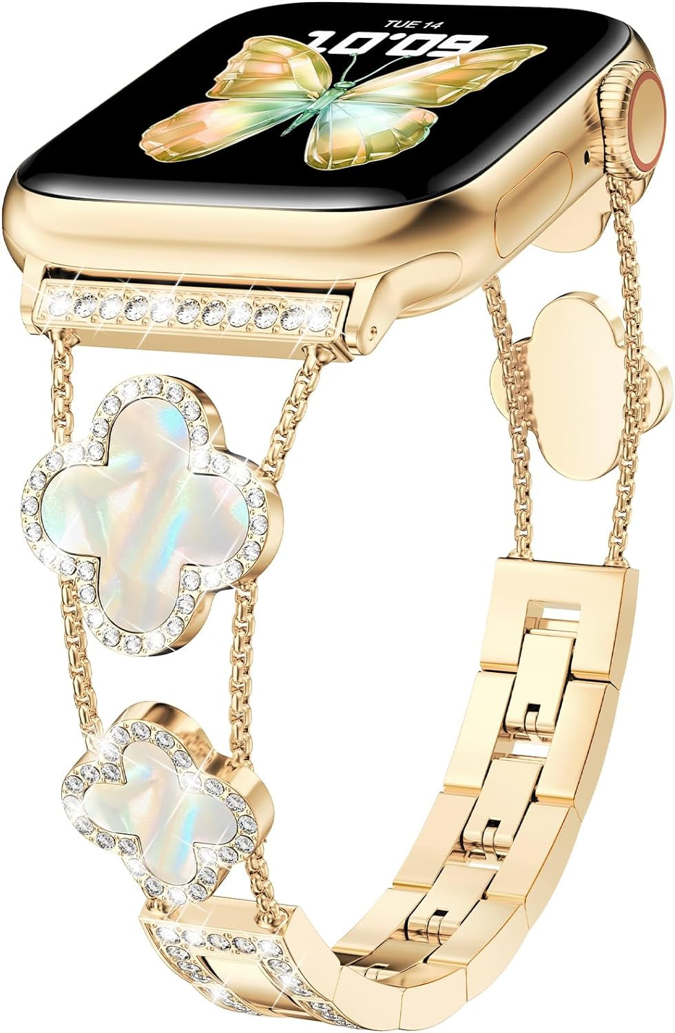 Bling Womens Band Compatible with Apple Watch Band 40Mm 41Mm 38Mm Series 9 8 7 6 5 4 3 2 1 SE, Sparkle Diamond Replacement Bracelet Wristband, Cute Lucky Clover Dressy Iwatch Band,Gold/White