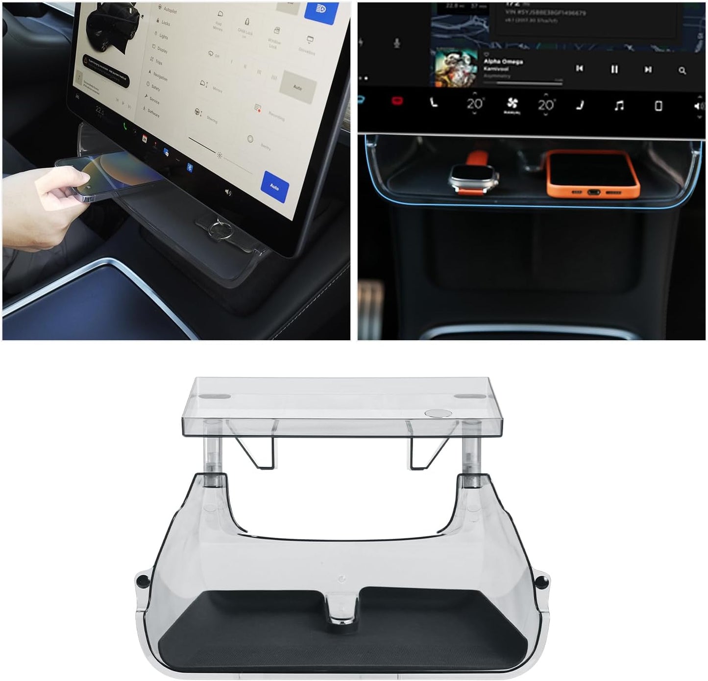 Center Console Organizer Tray for Tesla Model Y Accessories 2024-2020 Model 3 2023-2016, Magnetic under Screen Storage Box behind Screen Tray, Dashboard Organizer Tissue Holder, Easy Install