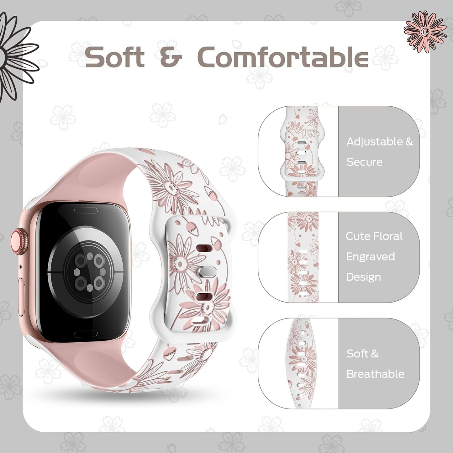 Designer Floral Engraved Band Compatible with Apple Watch Bands 40Mm 38Mm 41Mm 42/44/45/49Mm,Two-Tone Flower Soft Silicone Sport Strap for Iwatch Series 9 Ultra SE 8 7 6 5 4 3 2 Girl Pink