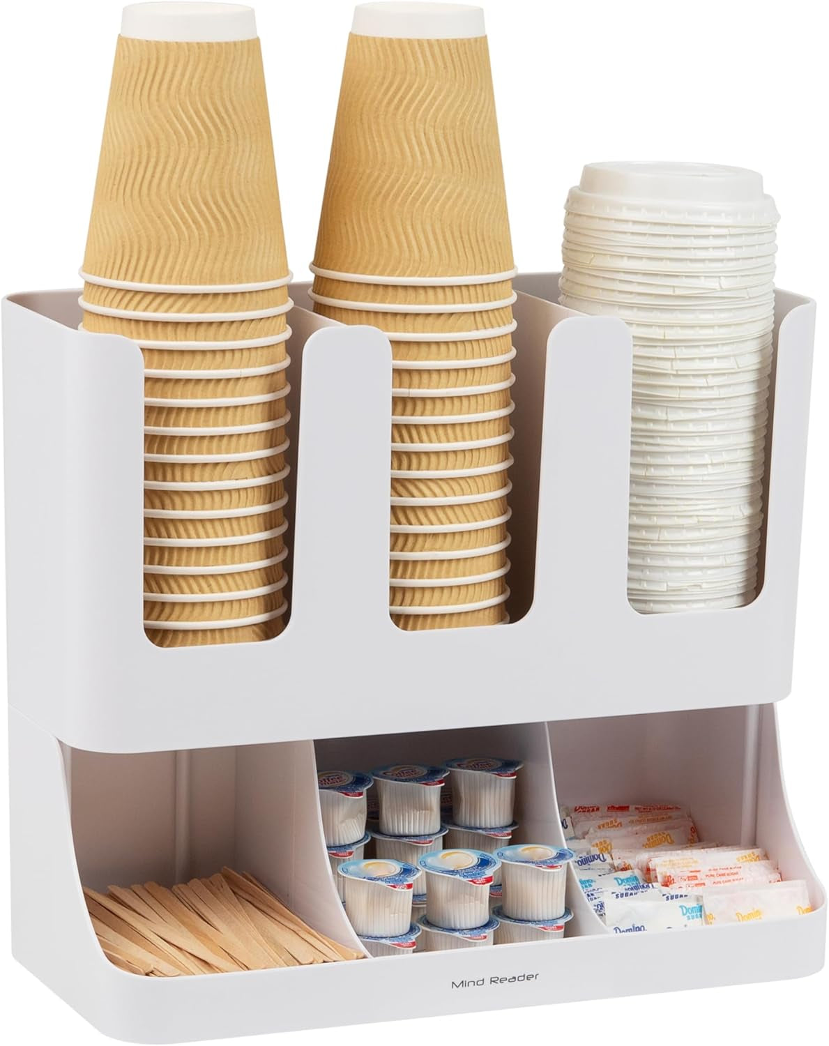 6 Compartment Upright Breakroom Coffee Condiment and Cup Storage Organizer, Black