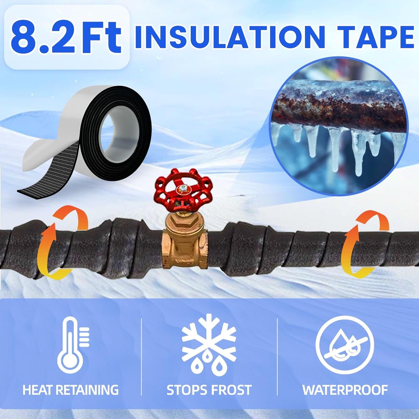 6Feet Water Pipe Heat Trace Kit with Thermostat for Pipe Freeze Protection, 8.2 Ft X 2 in Self-Adhesive Outdoor Water Pipe Insulation Tape for 120V Electric Pipe Heat Cable Anti-Freeze