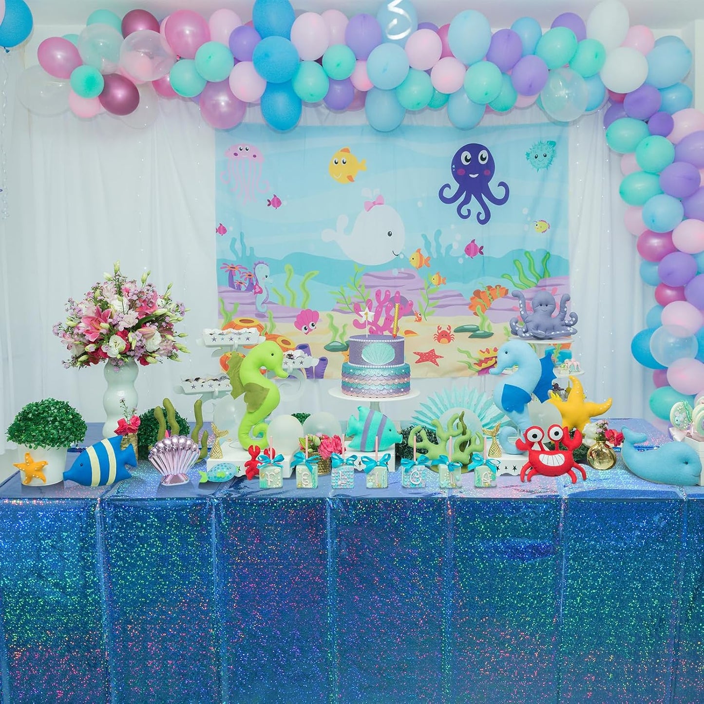 6 Pack Iridescent Blue Plastic Tablecloth, Shiny Disposable Laser Rectangle Table Cover, Holographic Foil Tablecloth Iridescent Party Decorations for Birthday Wedding Ocean Theme, 54X108Inch