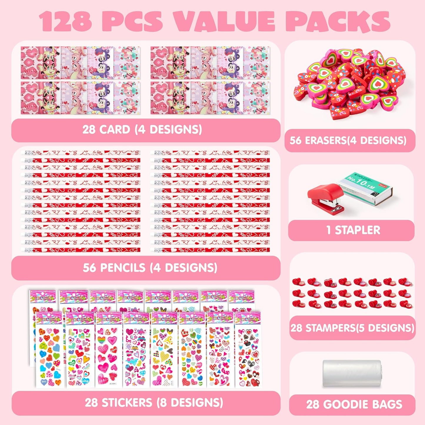 28 Pack Valentines Day Stationery Kids Gift Set for School Classmates Exchange, Party Favor, Includes Pencils, Erasers, Stamper, Stickers