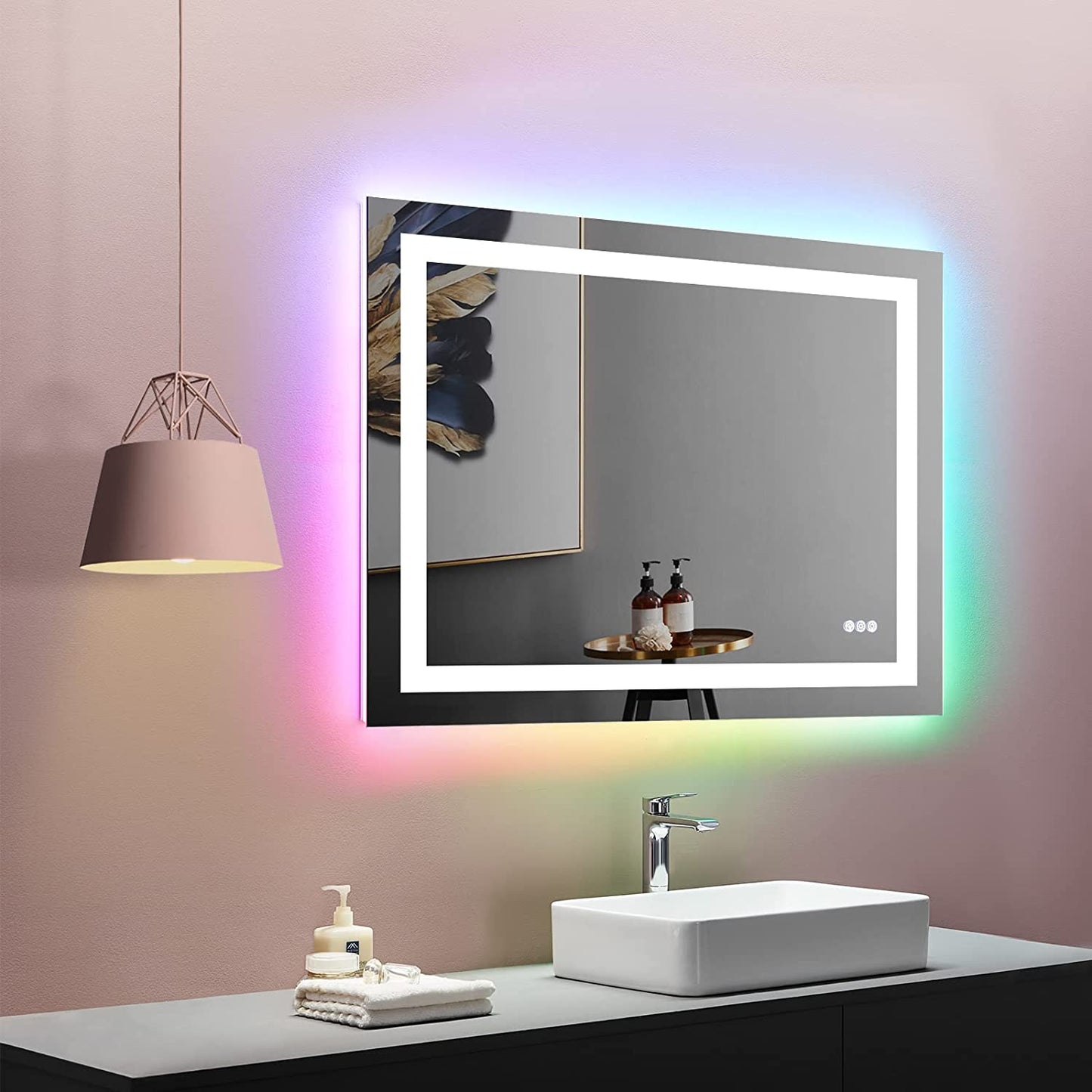 60”X30“ RGB LED Bathroom Mirror with Lights for Bathroom, Anti-Fog, Dimmable,Multiple Light Modes, RGB Backlit + Front Light, Memory Function, Tempered Glass