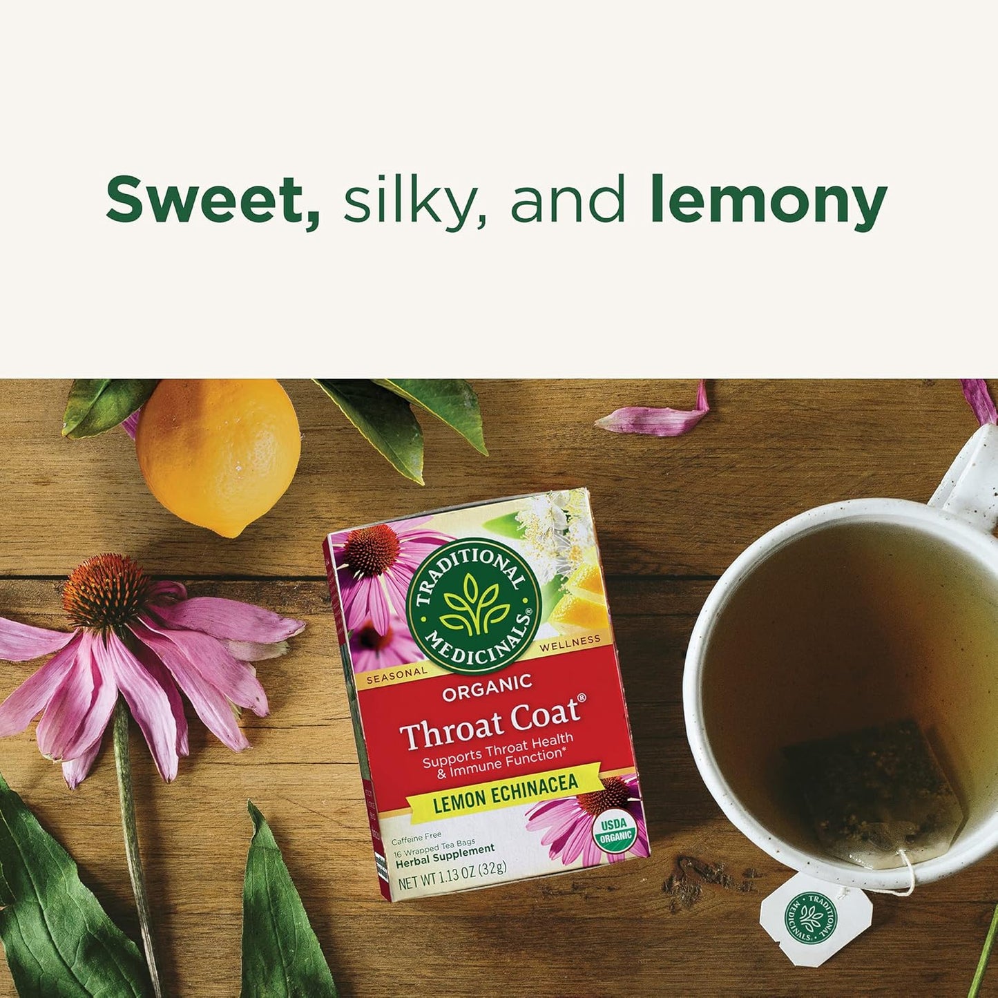 Tea, Organic Throat Coat Lemon Echinacea, Supports Throat Health & Immune Fuction, 16 Tea Bags TLBH