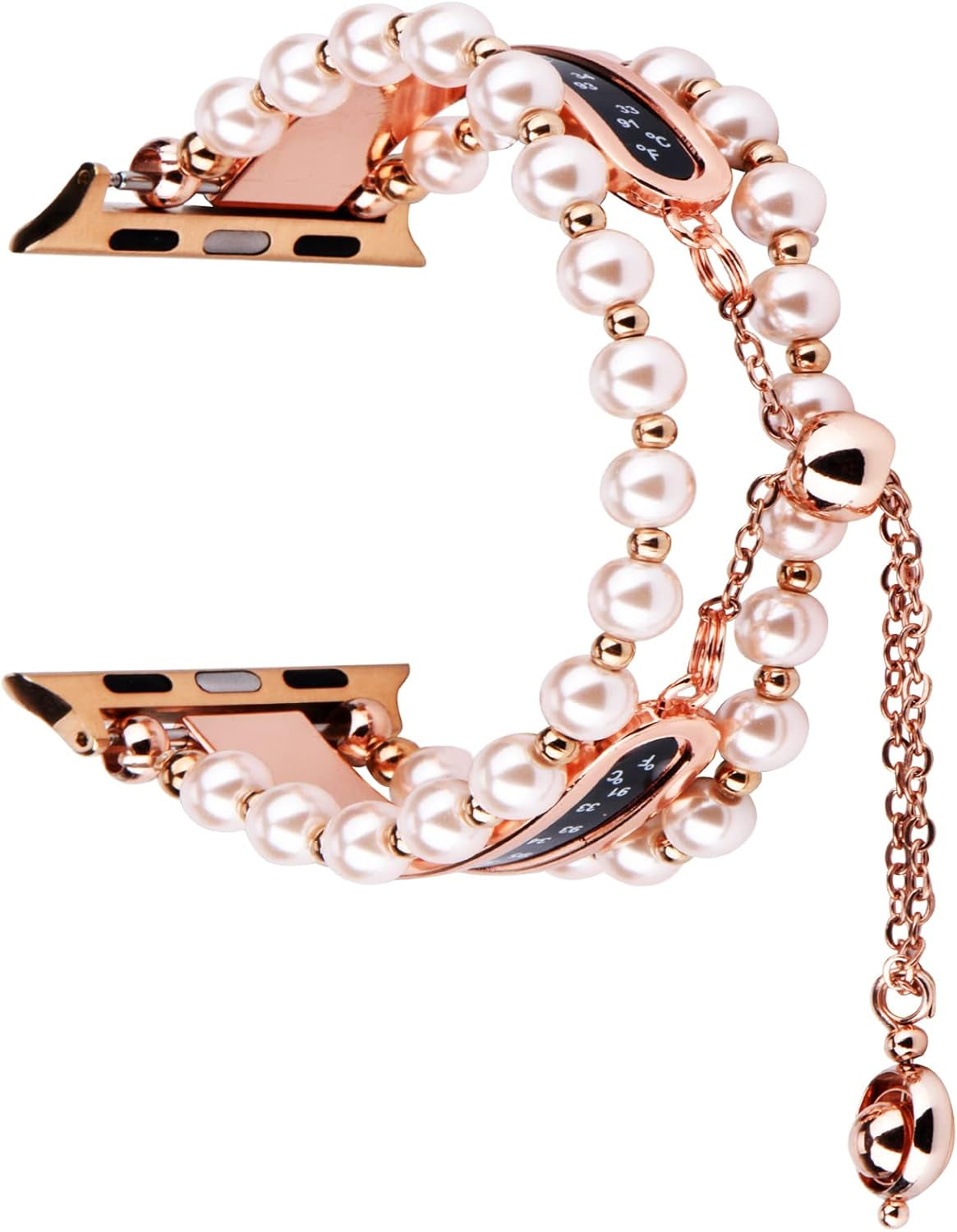 Beads Pearl Apple Watch Band Compatible for Iwatch Ultra Series SE 8 7 6 5 4 3 Jewelry Bracelet Watch Band with Thermometer Pendant Charm (38Mm/40Mm/41Mm, Rose Gold)