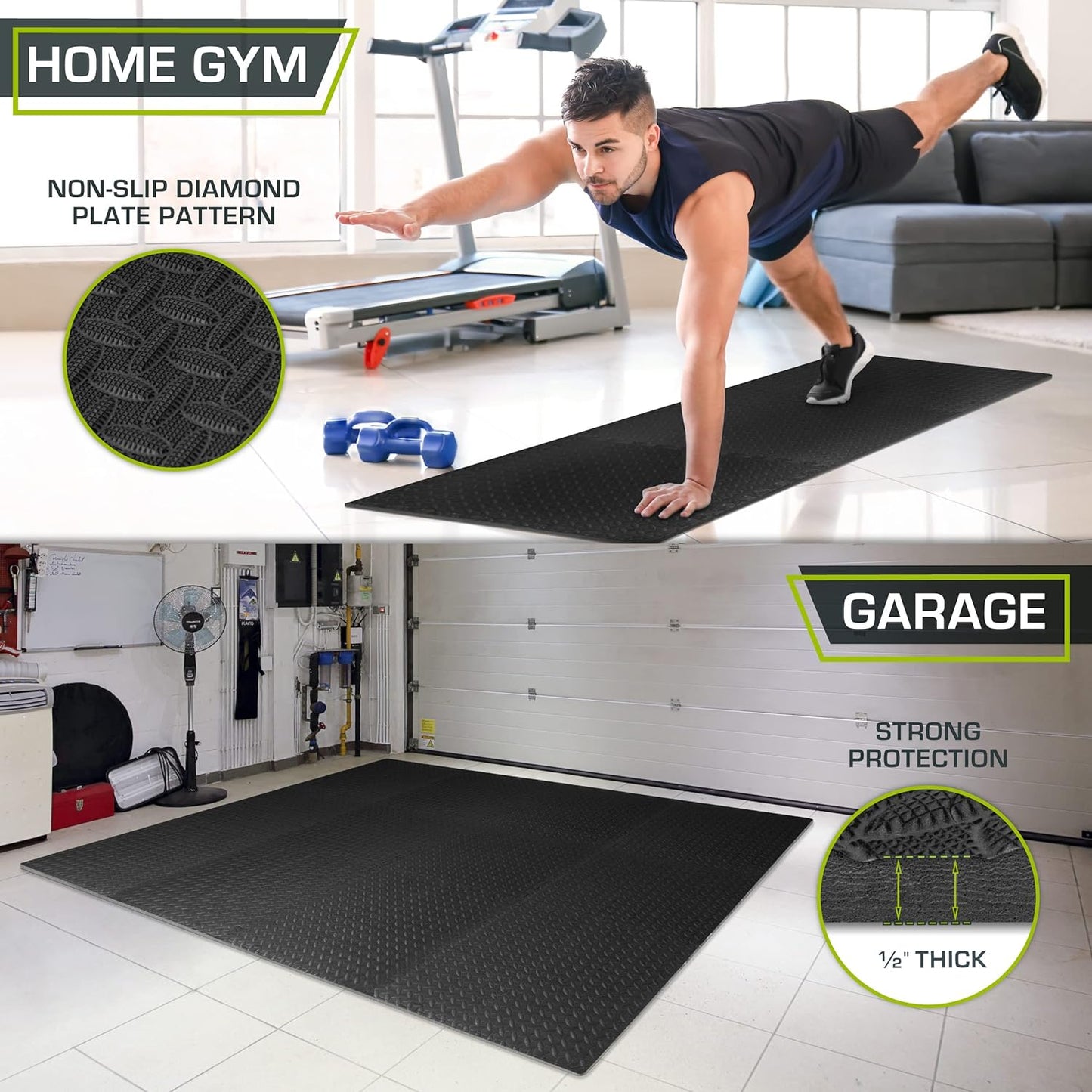 Puzzle Exercise Mat ½ In, EVA Interlocking Foam Floor Tiles for Home Gym, Mat for Home Workout Equipment, Floor Padding for Kids, Black, 24 in X 24 in X ½ In, 48 Sq Ft - 12 Tiles