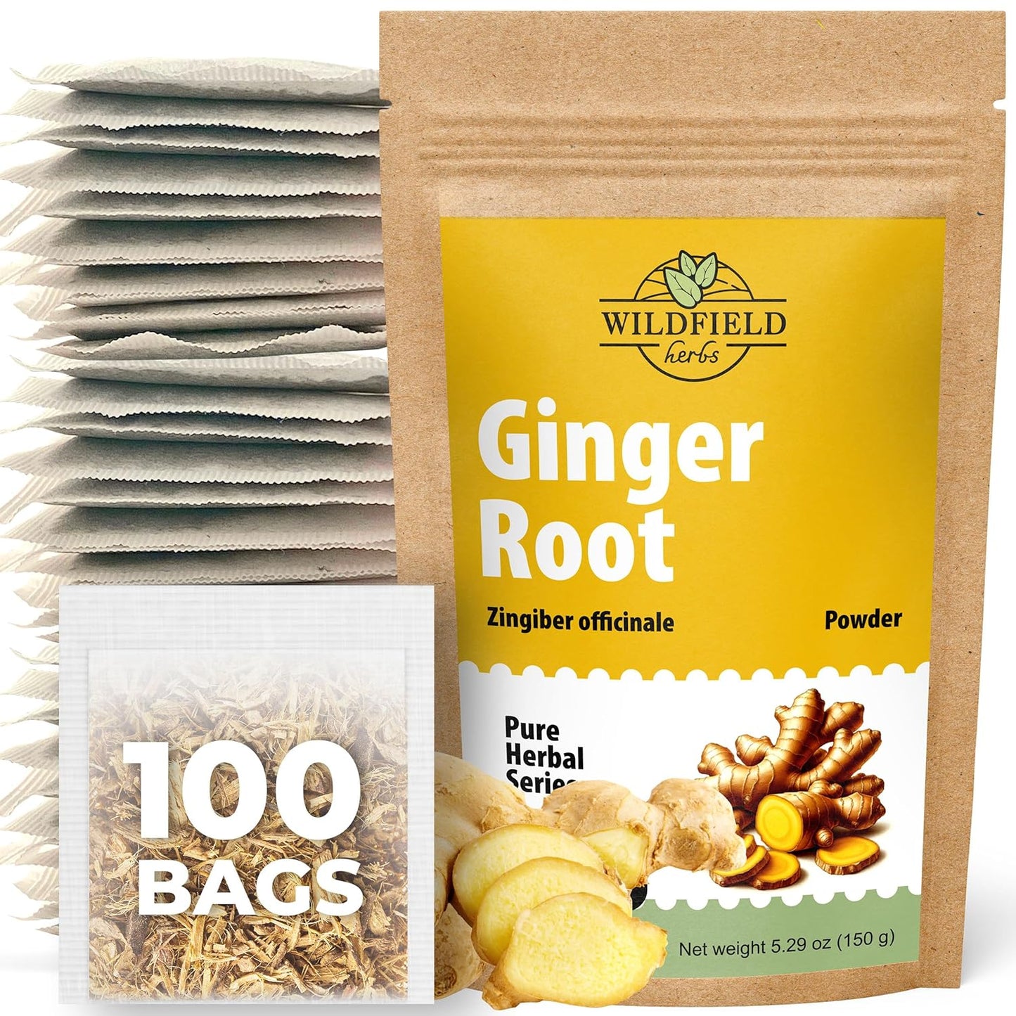 100 Bags Ginger Tea Bags Ginger Root Tea Dry Dried Herb (Zingiber Officinale) - 100 Count 1.5G Tea Bags Ginger Raíz De Jengibre TLBH