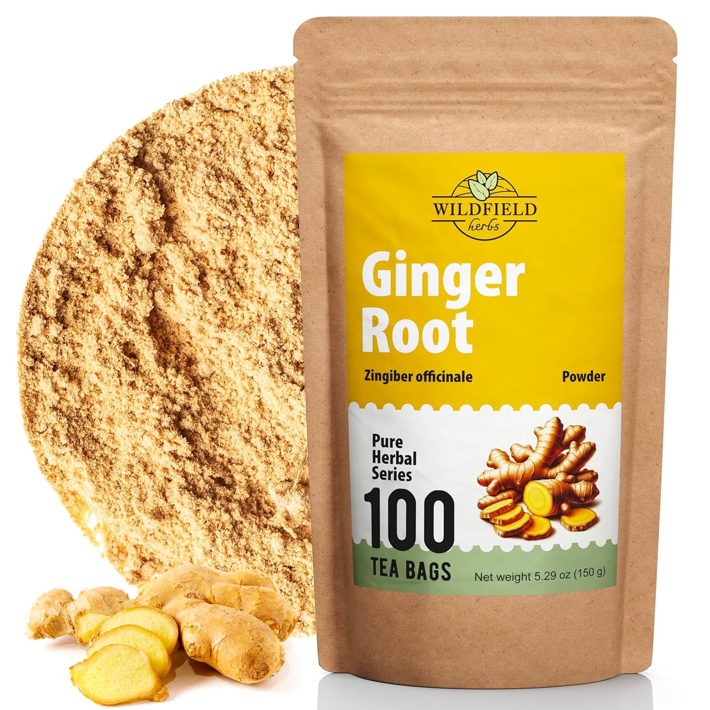 100 Bags Ginger Tea Bags Ginger Root Tea Dry Dried Herb (Zingiber Officinale) - 100 Count 1.5G Tea Bags Ginger Raíz De Jengibre TLBH