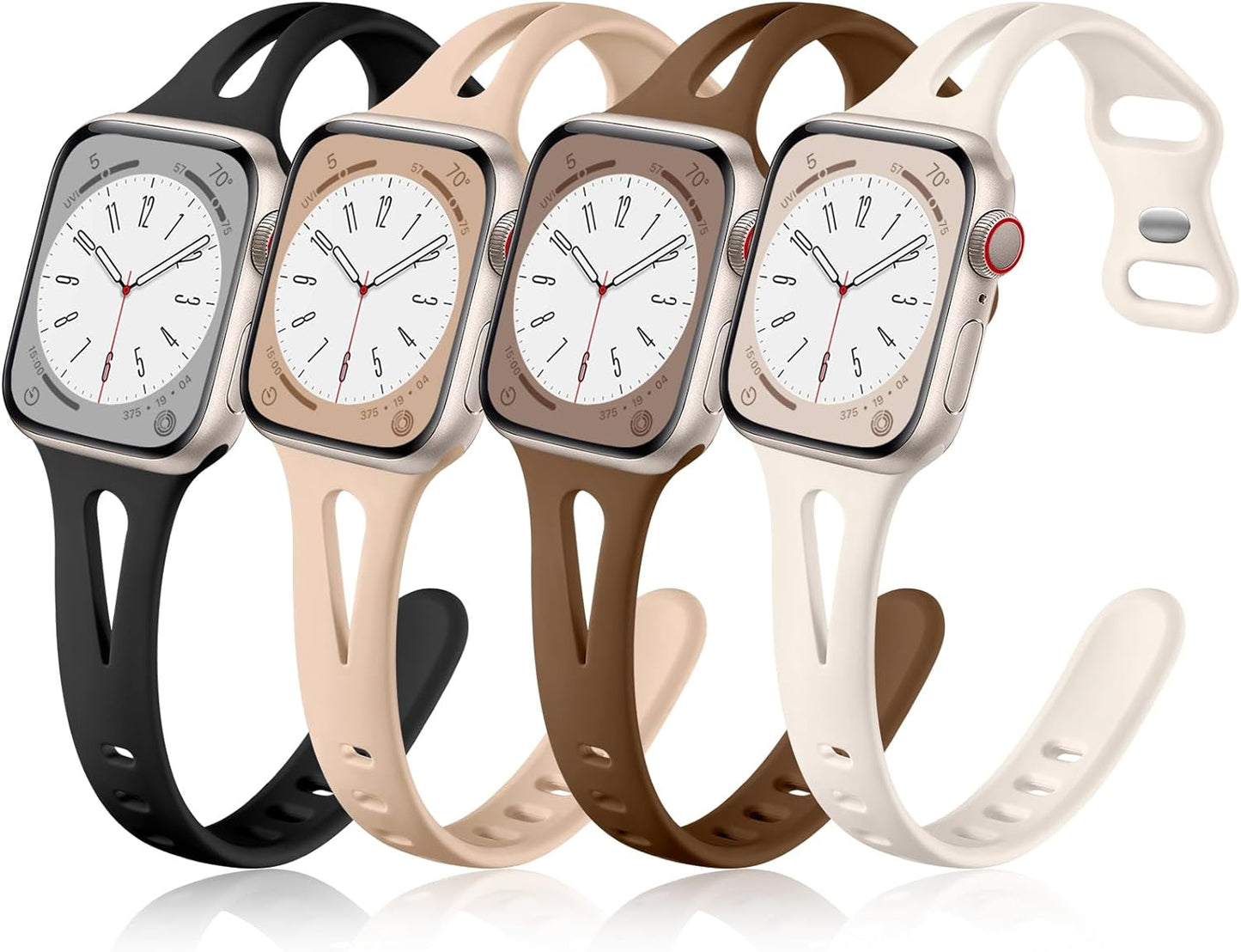 Compatible with Apple Watch Band 40Mm 38Mm 41Mm Iwatch Series 9 8 7 6 5 4 3 2 1 SE for Women Men, Durable Soft Silicone Thin Slim Sport Watch Bands, 4 Pack, Black/Dark Brown/Starlight/Milk Tea