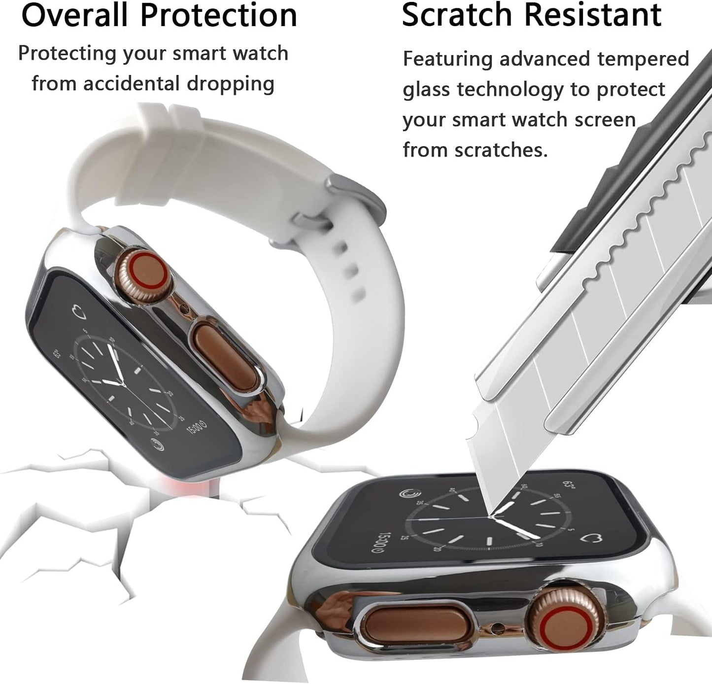 For Apple Watch Case with Screen Protector,Pc Hard Bumper Cover Built-In Tempered Glass Screen Protector 360 Full Body Protective Cover for Iwatch SE Series 6 5 4 (Silver/White,40Mm)