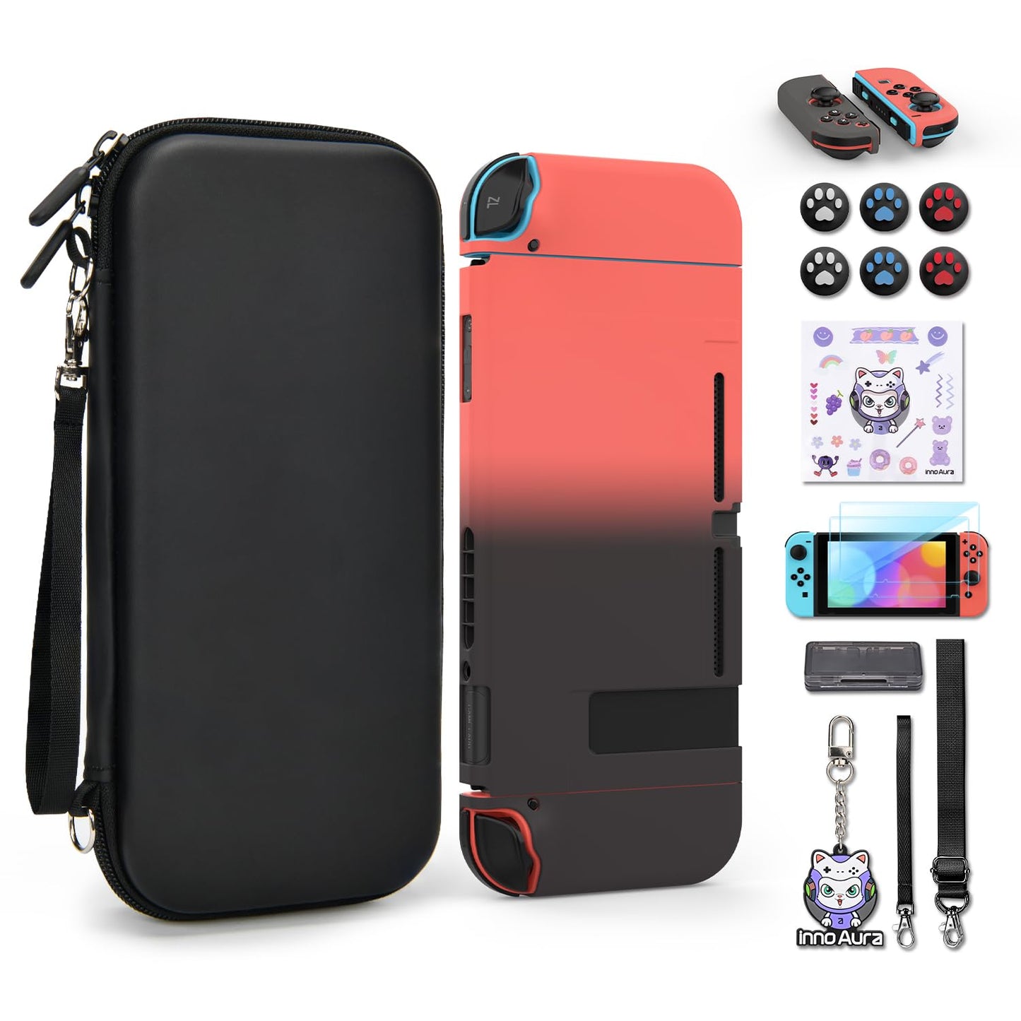 Switch Case for NS Switch, Innoaura 17 in 1 Switch Accessories Bundles with Switch Carrying Case, Switch Game Case, Switch Protective Case, Switch Screen Protector, Switch Thumb Caps (Mermaid Pink)