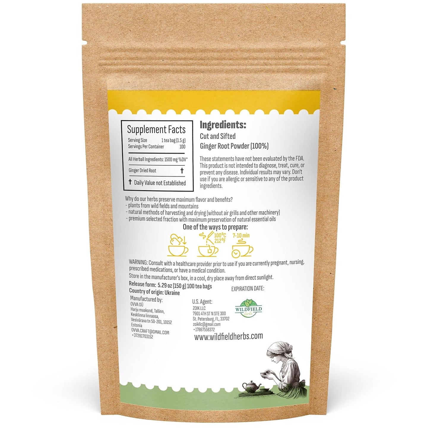 100 Bags Ginger Tea Bags Ginger Root Tea Dry Dried Herb (Zingiber Officinale) - 100 Count 1.5G Tea Bags Ginger Raíz De Jengibre TLBH