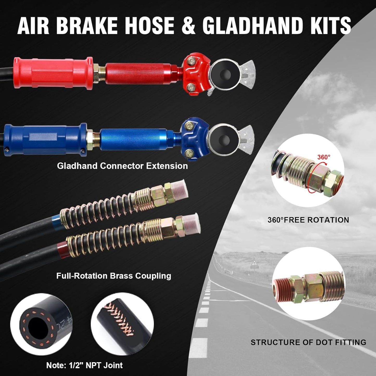 12FT Semi Truck Air Lines Kit - 3 in 1 Air Hoses Wrap 7 Way Trailer Cord Power Air Line for Semi Truck, Trailer, Tractor, with Gladhands,Handles,Holder,Tender Spring Kit,Seals