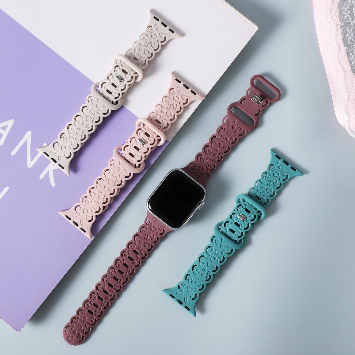 Lace Leopard Engraved Compatible with Apple Watch Band 38Mm 40Mm 41Mm 42Mm 44Mm 45Mm 49Mm Women, Soft Silicone Strap Hollow-Out Wristbands for Iwatch Bands Series 9/8/7/6/5/4/3/2/1/Se/Ultra