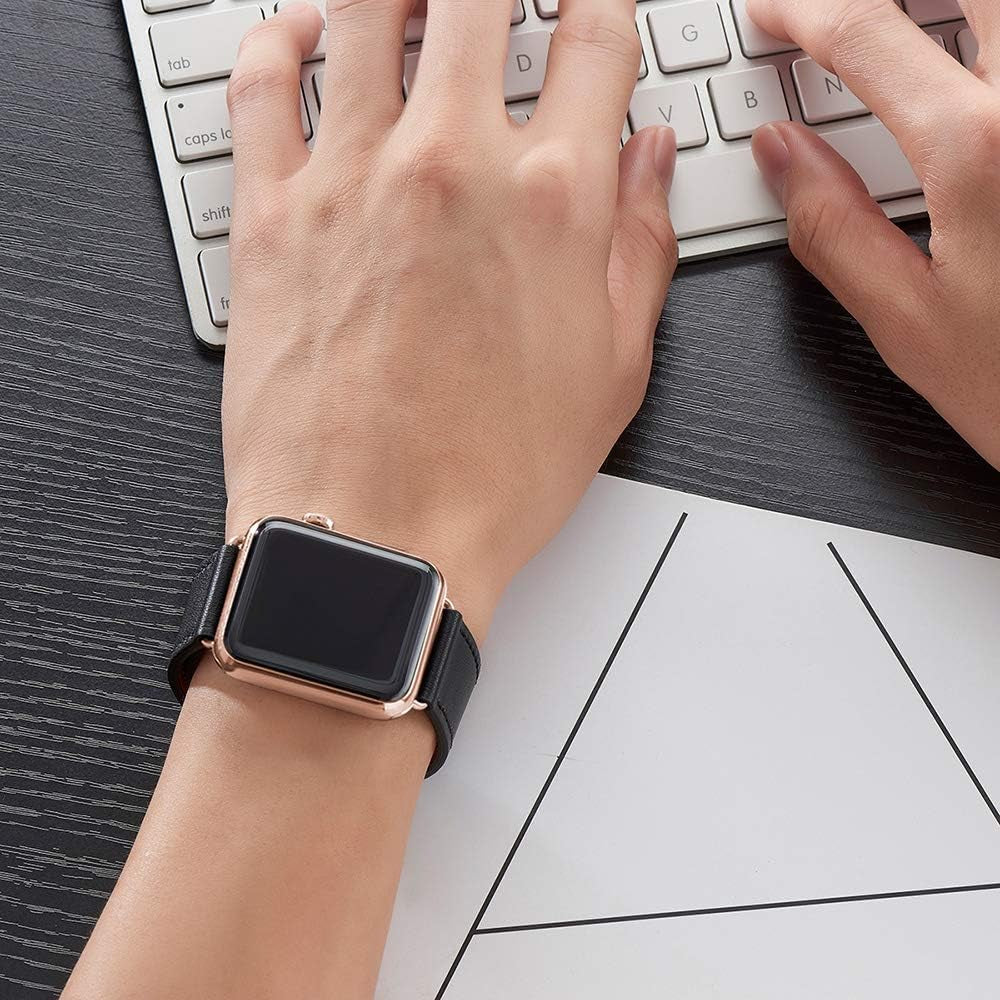 Bands Compatible with Apple Watch Band 38Mm 40Mm 41Mm 42Mm 44Mm 45Mm 49Mm, Genuine Leather Strap Compatible for Women Men Iwatch SE Ultra Series 9 8 7 6 5 4 3 2 1 (Black/Rosegold)