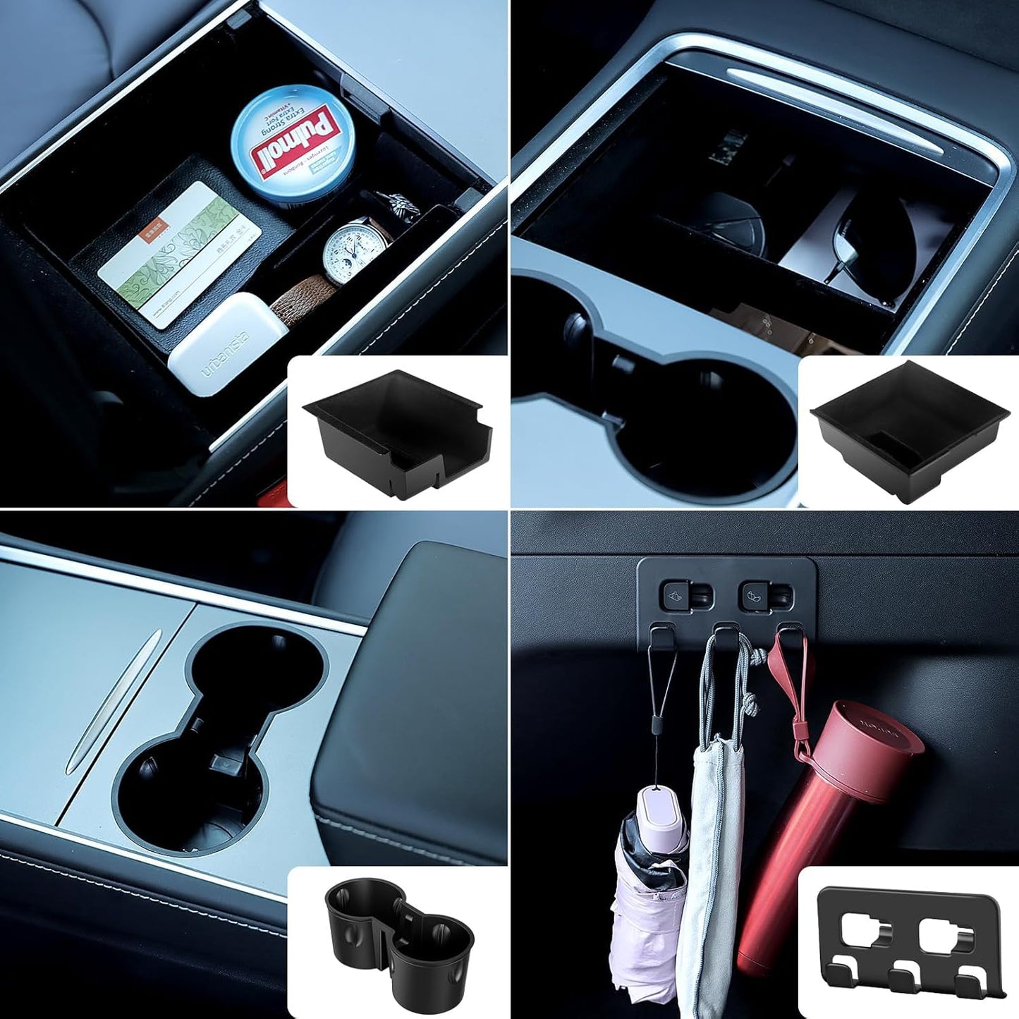 5Pcs Tesla Model Y Accessories 2024 - Center Console Organizer Tray, Silicon Cup Holder Insert, Rear Trunk Hook, Camera Cover, for Tesla Model 3 2021-2023, Tesla Model Y 2019-2023