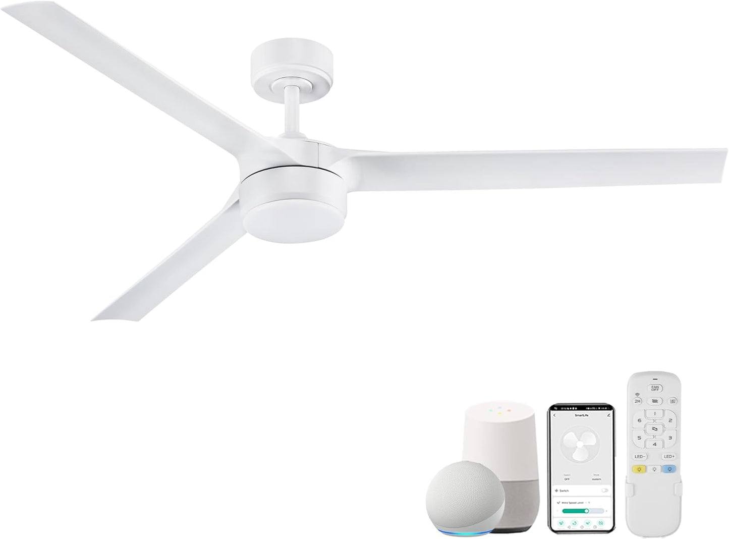 60” Large Smart Ceiling Fans with LED Lights and Remote,Quiet DC Motor,Dimmable,Outdoor Indoor Matte White Ceiling Fan Controlled by WIFI Alexa App,Modern 3 Blade for Bedroom Living Room Patio