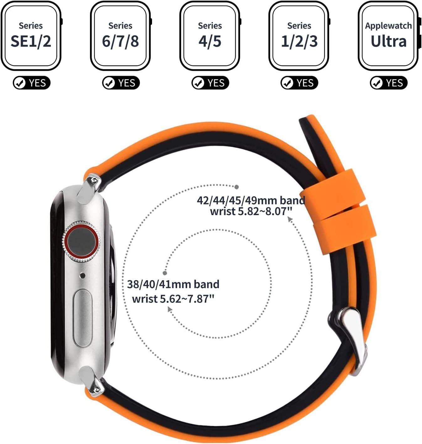 Compatible Sport Bands for Apple Watch Series 10 42Mm, 9/8/7 41Mm, SE2/SE/6/5/4 40Mm, 3/2/1 38Mm,Silicone Rubber Iwatch Band for Women Men, Pumpkin Orange Top/Black Bottom