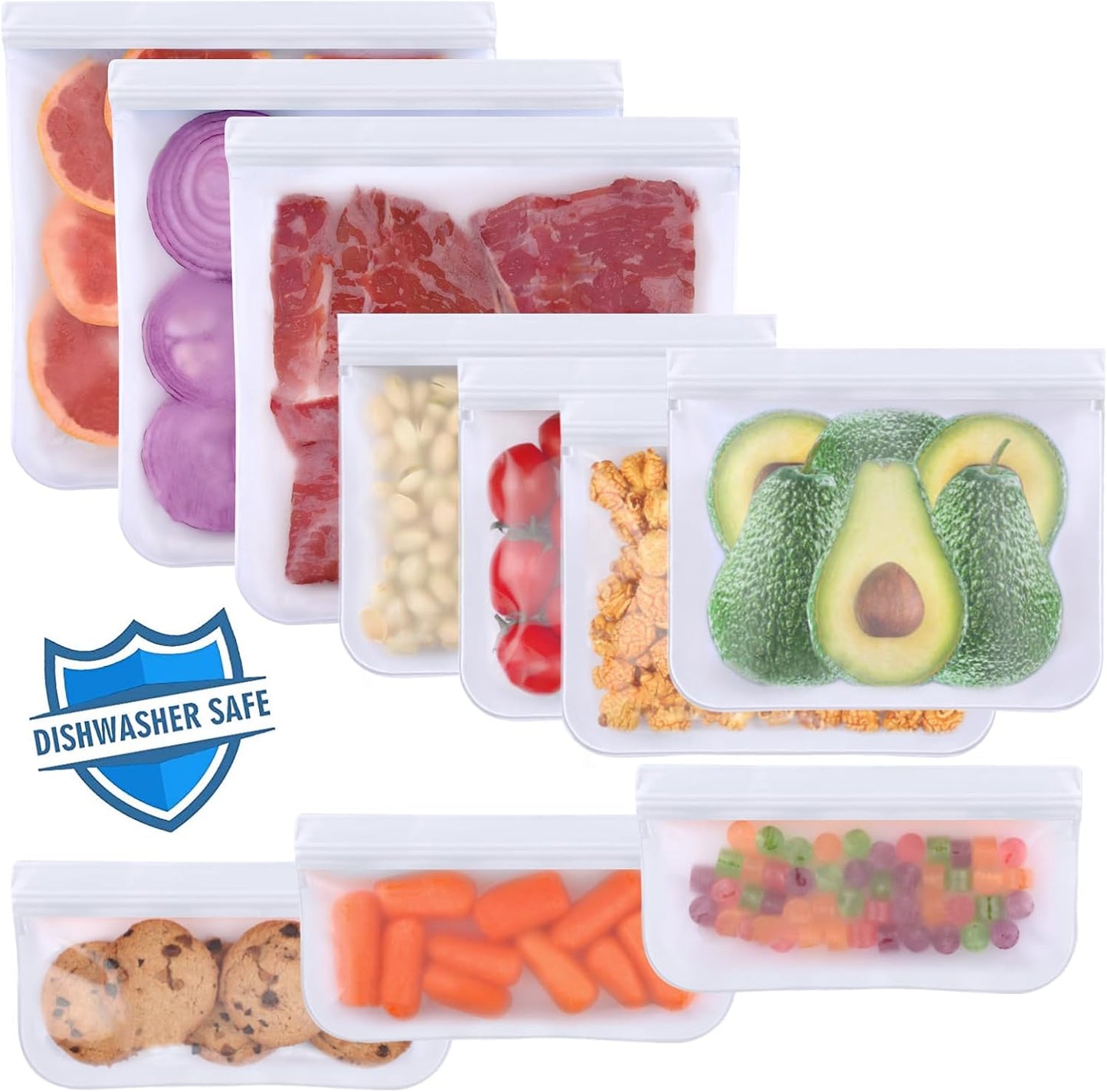 10 Pack Dishwasher Safe Reusable Bags Silicone, Leakproof Reusable Freezer Bags, BPA Free Reusable Storage Bags for Lunch Marinate Food Travel - 3 Gallon 4 Sandwich 3 Snack Bags