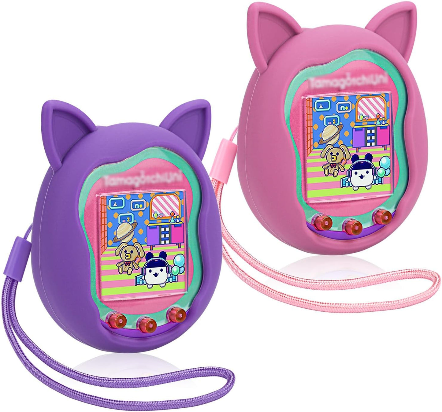 2Pack Silicone Case for Tamagotchi Uni, Protective Cover for Tamagotchi Uni Protector Skin with Hand Strap (Pink+Purple) ZOUSA