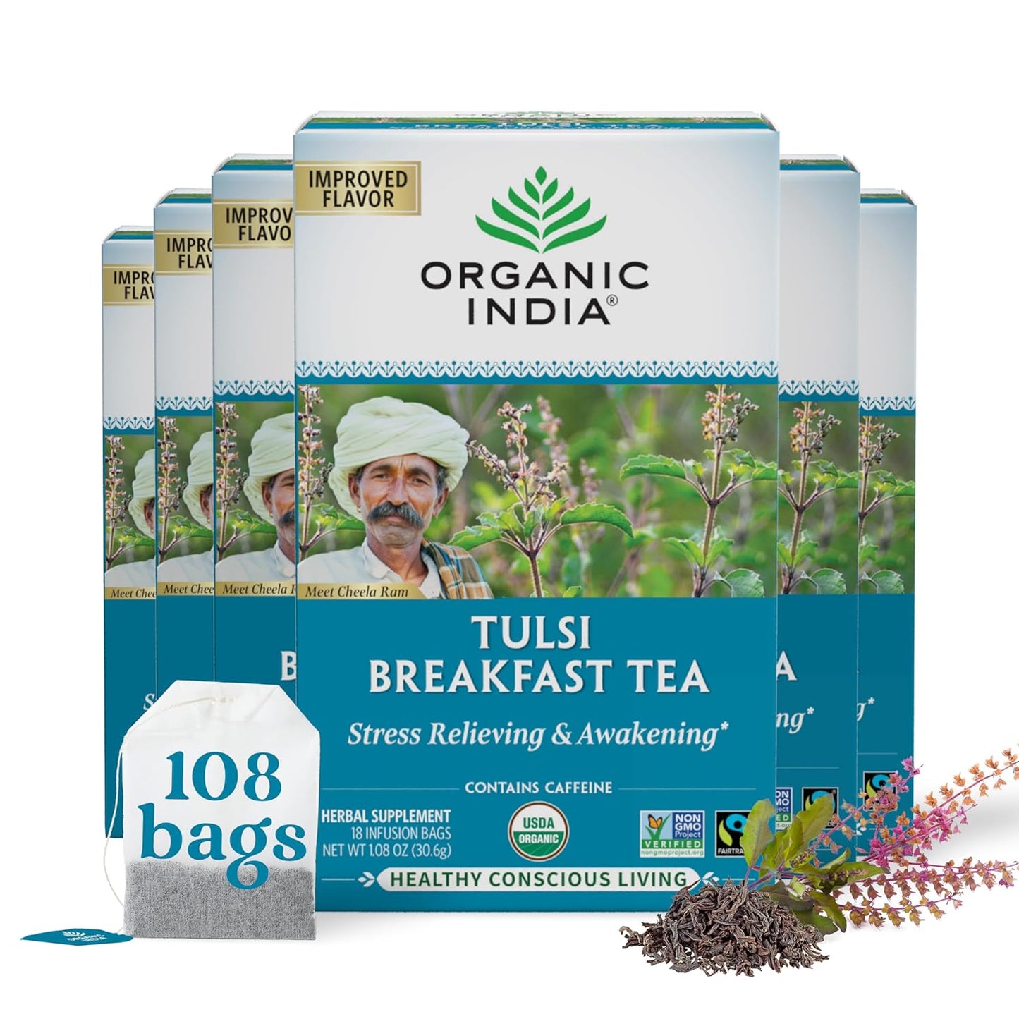 Tulsi Original Herbal Tea - Holy Basil and African Basil Calming and Stress Relief Tea, Immune Support, USDA Certified Organic, Non-Gmo, Caffeine-Free - 18 Infusion Bags, 6 Pack TLBH